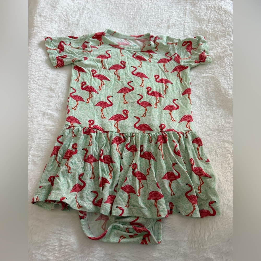 Gigi & Max Pink Flamingo Green Skirted Bodysuit Bamboo Girl 24 Mths